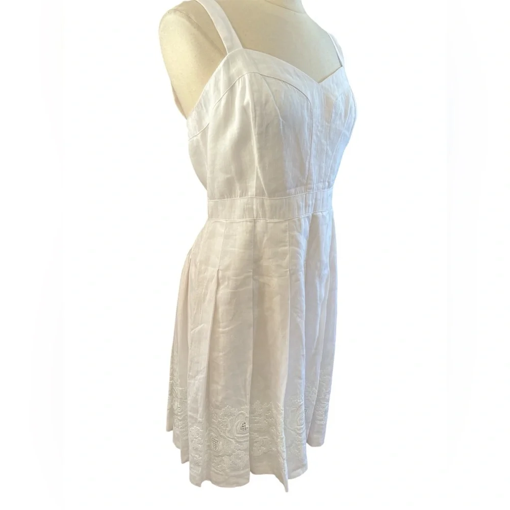 Laureen Ralph Lauren White Linen A-Line Dress w/Pleats & Embroidered detail 14 - Picture 3 of 17